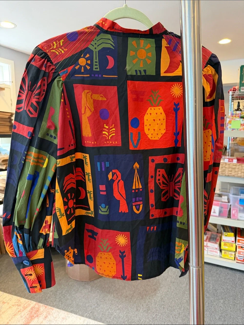 FARM Rio Colorful Tropical Icons Blouse 100% Cotton XS bold print baggy